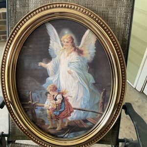 Home Interiors Gold Framed Guardian Angel Print with Soft Blue and White Tones